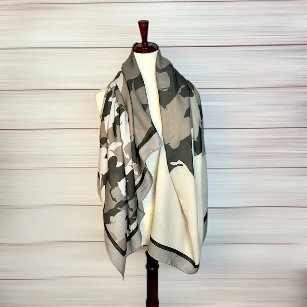 RANI ARABELLA Horse Racing Scarf Shawl Beige Taupe Cashmere Silk Wool ITALY 51”